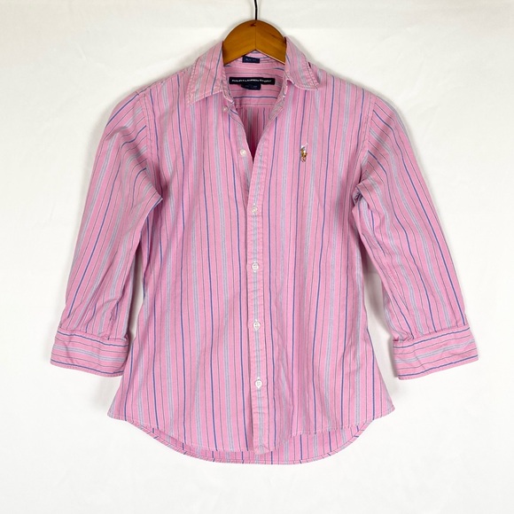 Ralph Lauren Tops - Vintage Ralph Lauren Sport Y2K Pink‎ Stripe Shirt Collar Button Up Size 4 Cotton